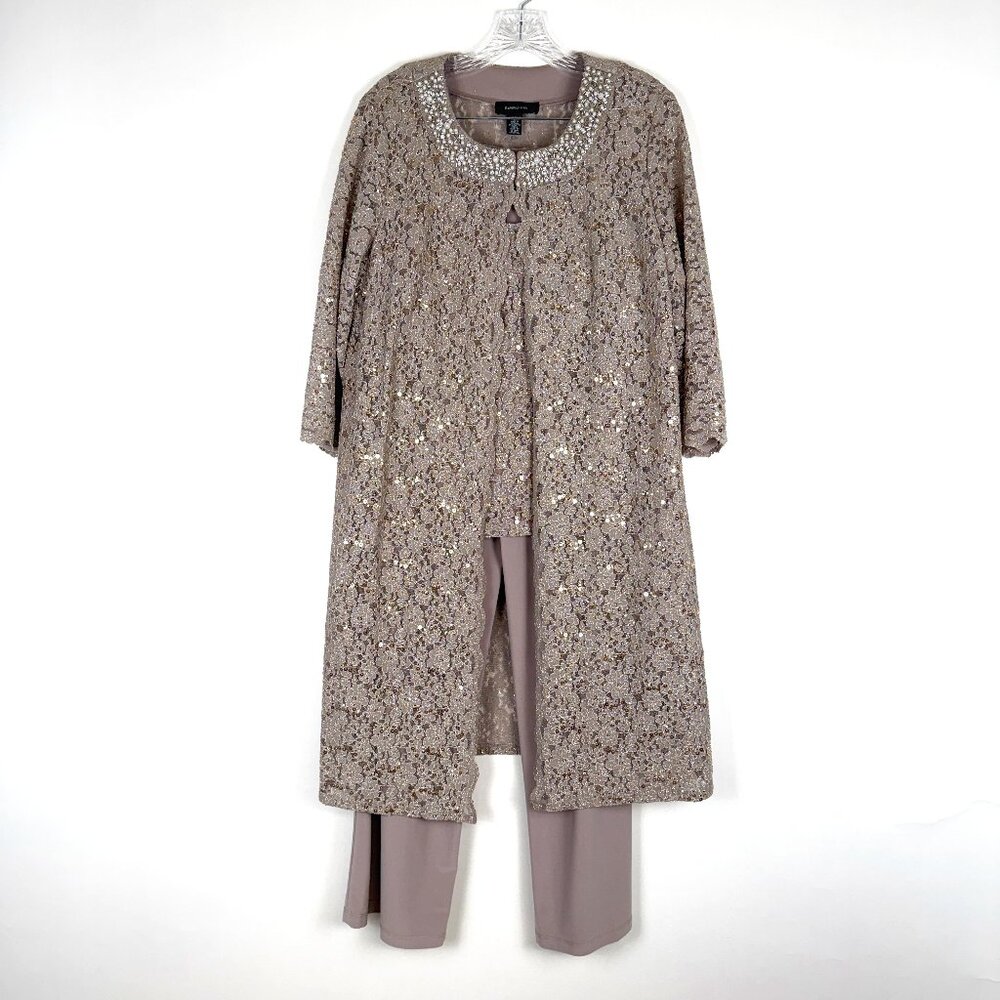 R & M Richards Lace Pantsuit with Jeweled Neckline (David's Bridal). Taupe color